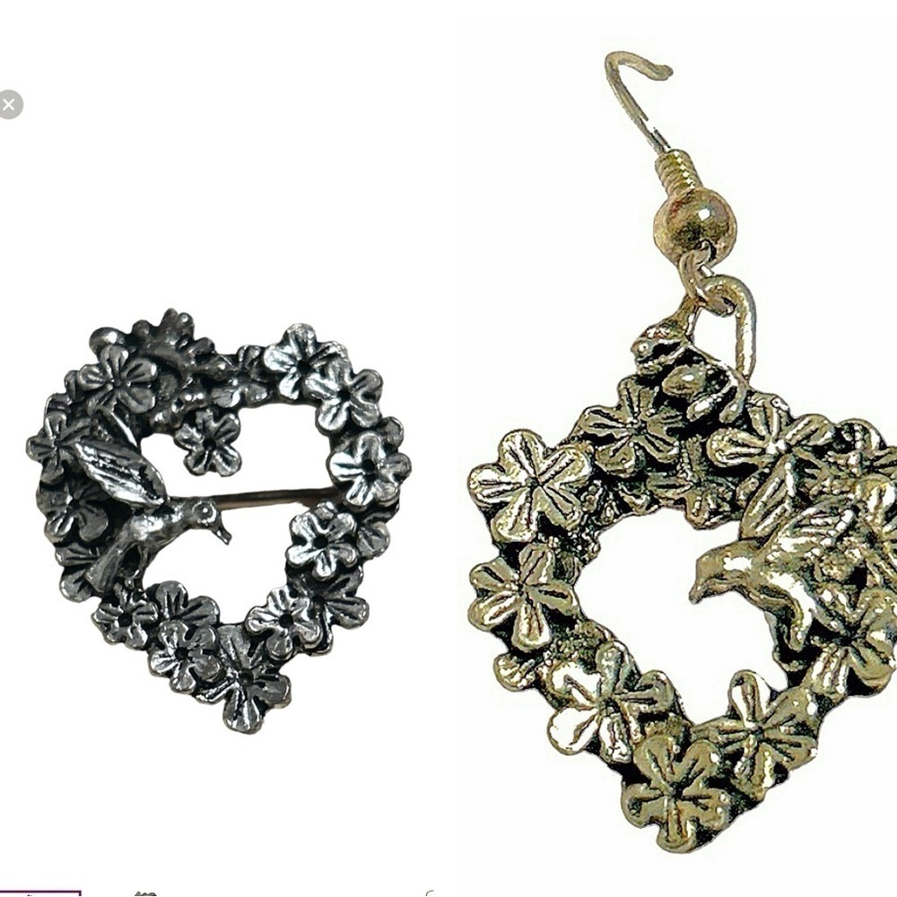 Vintage Silver Plated Pewter Bird & Flower Heart Shaped Pin & earrings Masj 1990